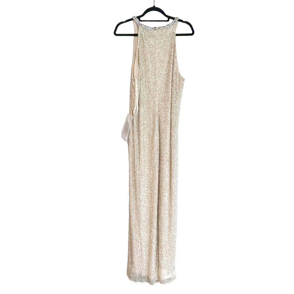 Mac Duggal Beaded Halter Neck Body Skimming Gown Silver Cream Size 6 NWT - Picture 8 of 11